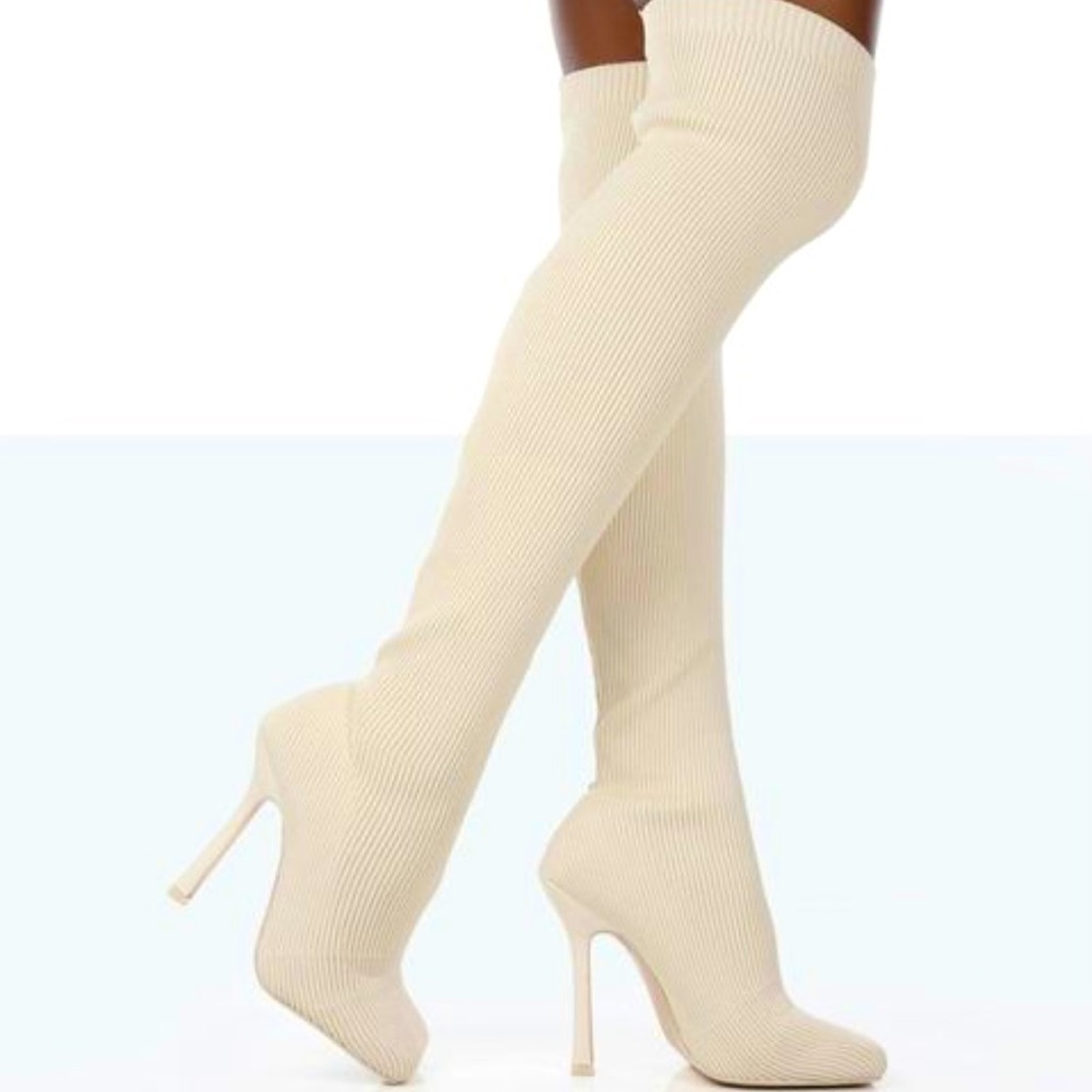 Public Desire Bubbles Knitted Knee High Boots - Cream